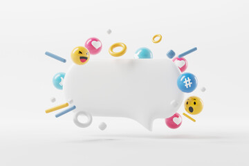 Blank white bubble talk with social media and technology with love, like, comment icon, 3d render. - obrazy, fototapety, plakaty