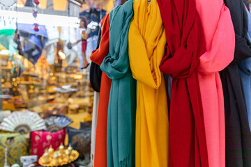 Bandabulya Municipal Market in old historical center of nord Nicosia. Bright multi-colored women's scarves