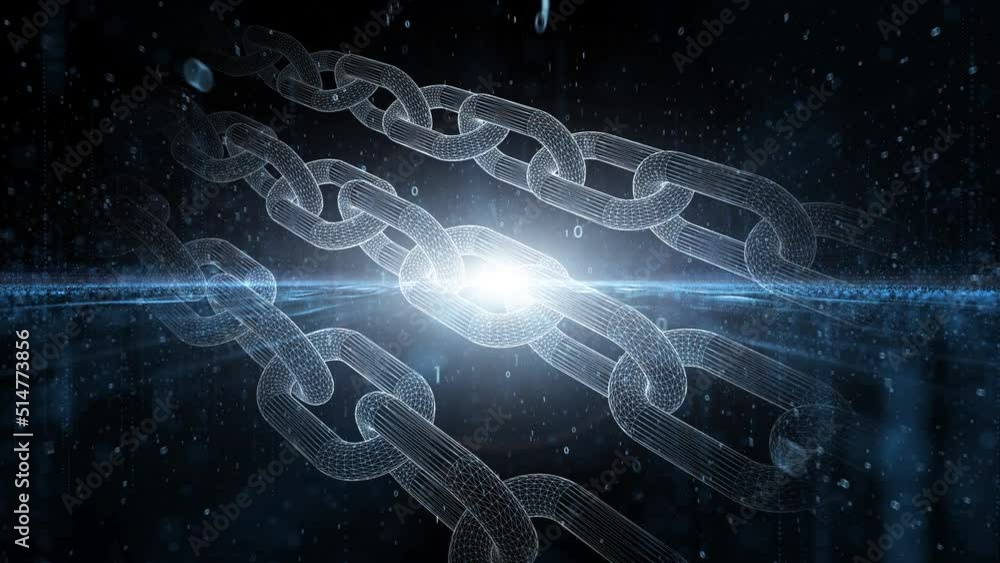 Poster shiny digital chains rotation animation.