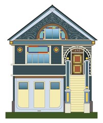 Private two-storey house with garage. Stained glass in the windows. Vector illustration isolated on white background.