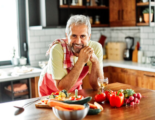 kitchen senior portrait man healthy home elderly happy food organic diet vegetable recipe cooking...
