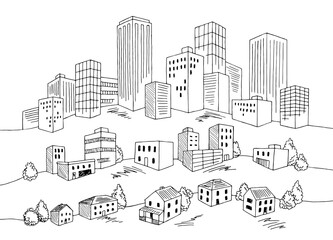 Fototapeta premium City graphic black white cityscape hill sketch illustration vector 