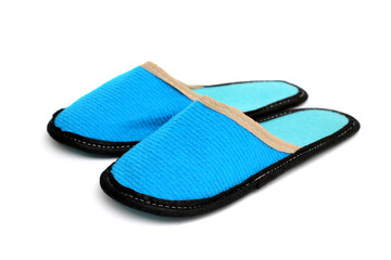 Blue textile slippers with turquoise insole, house slippers isolated on white background, home clothes