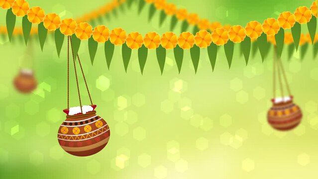 Swinging three pot on green blur background for janmashtmi holiday.
Focused on first pot janmashtmi background.