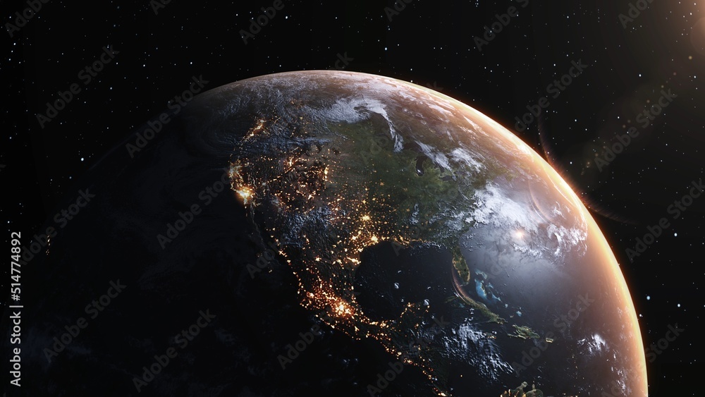 Poster planet earth with realistic geography surface and orbital 3d cloud atmosphere . outer space view of 