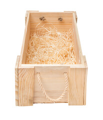 wooden box with rope handles isolated on white background. Empty wooden box with rope handles isolated on white background. background . Close-up