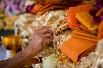 Inside of old traditional buddhist temple in Thailand