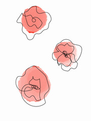 Vector illustration of watercolor flower with black line. Design for interior decoration, postcards, paintings and websites. Set of multicolored flowers. Vector isolated flowers on a white background