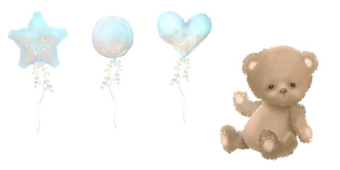Cute cartoon bear Watercolor Illustration isolated on white background
