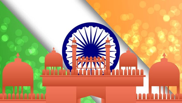 Moving Ashok chakra, indian flag colour and red fort concept background animation.