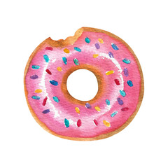 Watercolor donut. Pink donut with filling and sprinkles