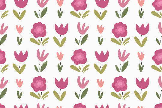 Cute childish seamless pattern background with abstract flowers and leaves in simple scandinavian style. Creative children vector texture for fabric, wrapping, textile, wallpaper.