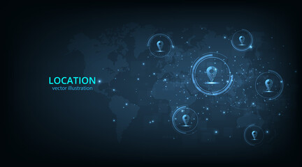 Concept of Gps technology background.Vector pin icon Gps on dark blue background.Travel way concept.Find trip, Geo pinpoint.Location navigator vector illustration.