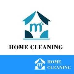 Initial m letter with sparkle and house icon for simple modern home cleaning service business logo concept