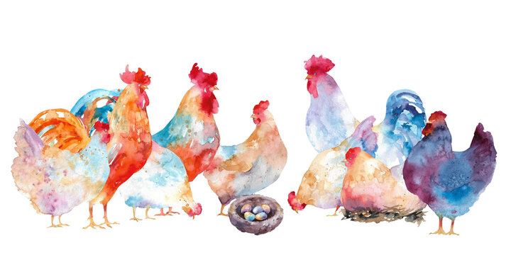 Watercolor chickens and roosters. Collection of colorful hens and cockerels on a white background