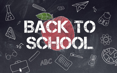 Back to School and Apple Drawing with Chalk on Blackboard