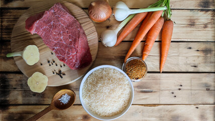 Ingredients for cooking pilaf. Fresh raw meat and vegetables. - 514777084