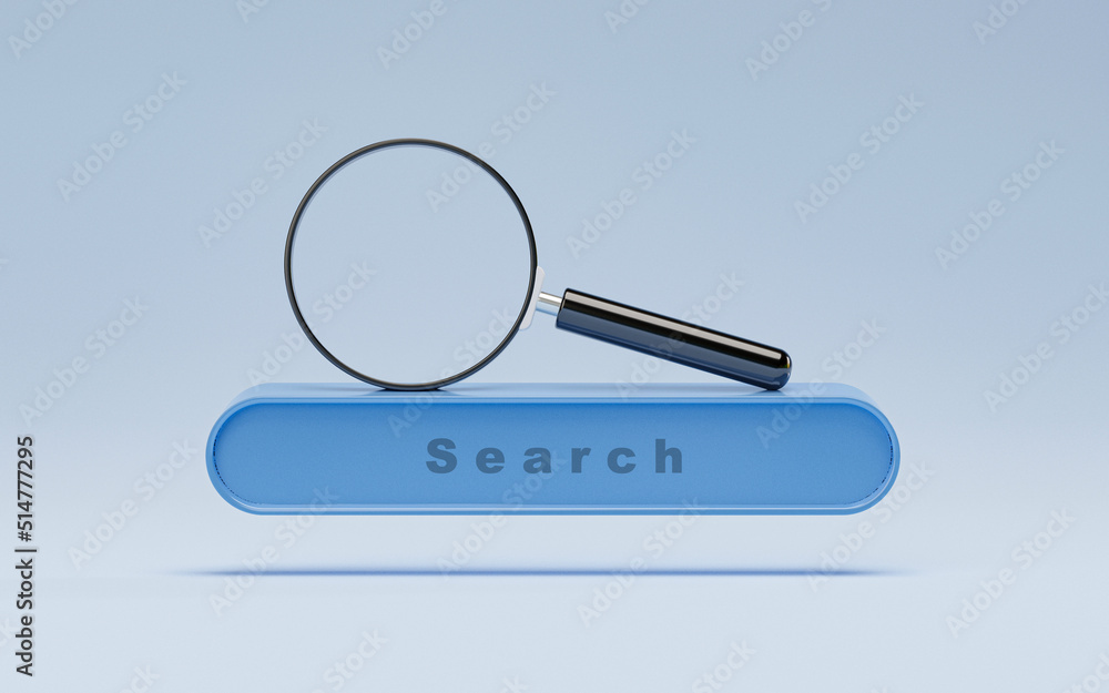 Poster magnifier glass on search engine bar for search engine optimisation or seo concept to find informati