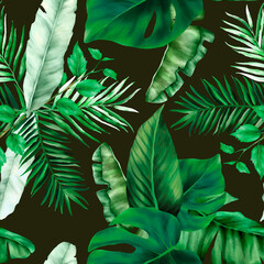 Elegant green tropical leaves watercolor seamless pattern