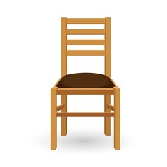 Wooden chair front view. Classic comfortable furniture with soft brown seat elegant stool for rest and vector work