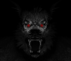 Illustration of a Werewolf Dogman cryptid in black and white with red eyes roaring
