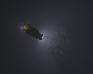 Illustration of a Deep Sea Submersible encountering a giant creature in the dark depths of the ocean
