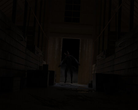 Illustration of a Werewolf Dogman cryptid entering a barn in the night