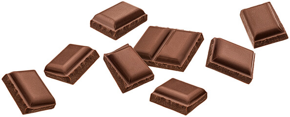 Milk chocolate pieces isolated on white background