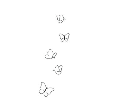 Vector isolated lots of small fluttering butterflies colorless black and white contour line drawing