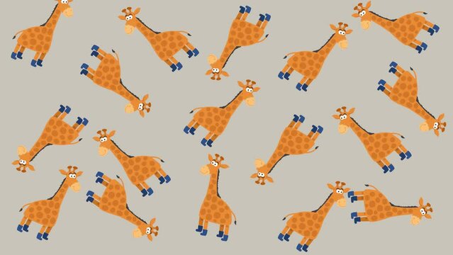Several giraffes in random movements on a grey and green background - animation