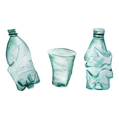 Plastic crockery, bottle, glass, watercolor imitation vector