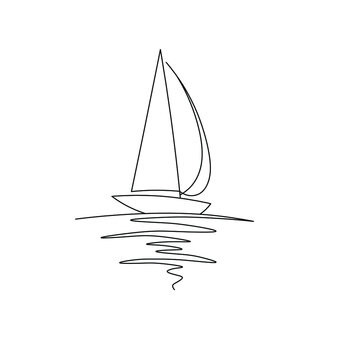 Vector isolated one line single line sailboat with reflection colorless black and white graphic art drawing