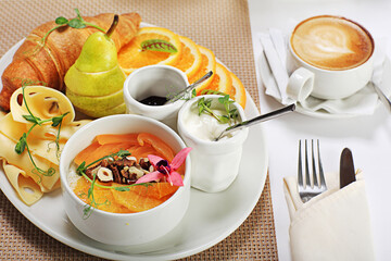 The option of a breakfast serving. Hearty breakfast with a cup of coffee