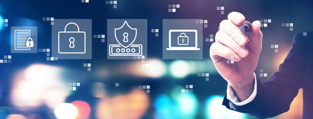 Cyber security theme with businessman on night city background