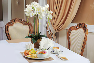 The option of a breakfast serving. Hearty breakfast with a cup of coffee