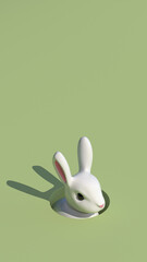 Spring easter bunny rabbit in hole with creative copy space on pastel green background in 8k. 3D illustration render.