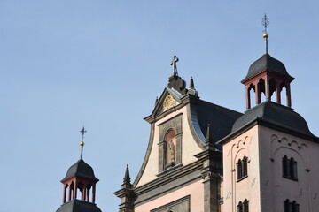 church with two towers in germany painted in beautiful pink