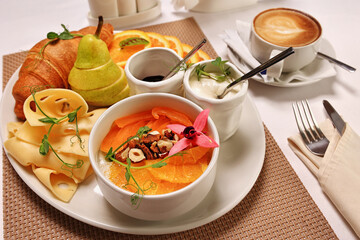 The option of a breakfast serving. Hearty breakfast with a cup of coffee