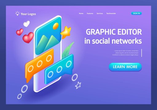 3D Isometric, cartoon. Graphic editor in social networks. Smartphone with interface post on social network. Chat bubble. Trending Landing Page