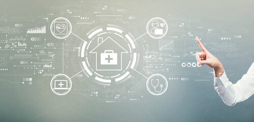 Telehealth theme with hand pressing a button on a gray background