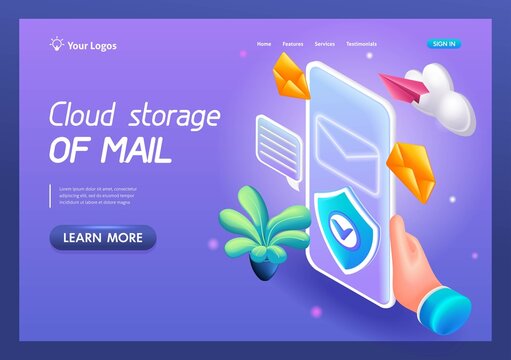 3D Isometric, cartoon. Cloud storage of mail, Forwarding of big data. Reliable data protection. Trending Landing Page