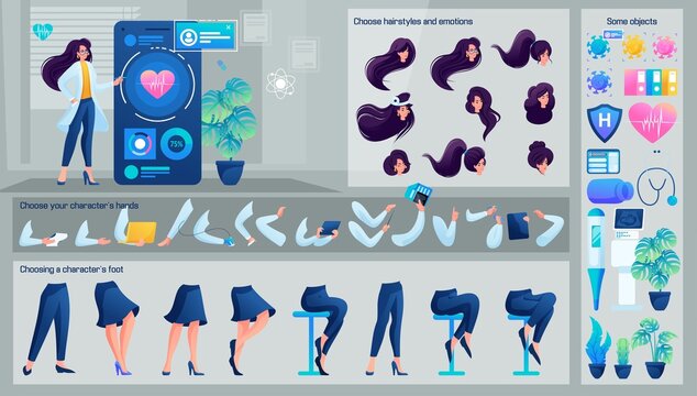 Stylized Character, Female cardiologist consults via the Internet. Set for Animation. Use Separate Body Parts to Create An Animated Character. Set of Emotions, Hairstyles, Hands and Feet