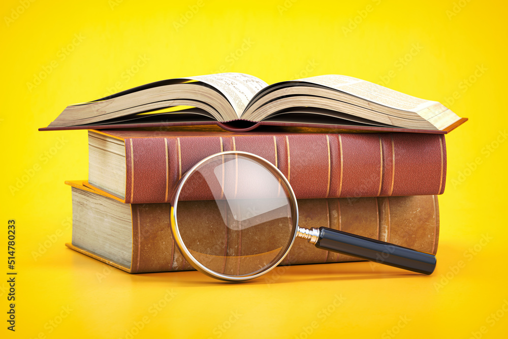 Poster stack of book and magnifying glass on yellow background. search, learning and reading concept.