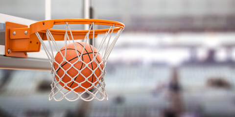 Basketball ball scoring the winning  points on basketball net hoop on basketball arena. 3d illustration - obrazy, fototapety, plakaty
