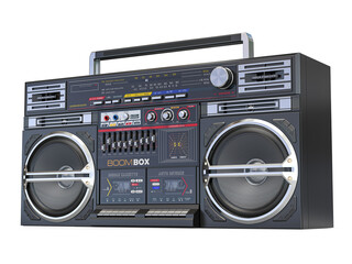 Retro ghetto blaster boombox, radio and audio tape recorder isolated on white.