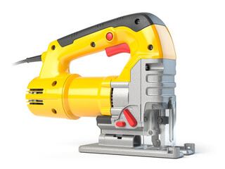 Fototapeta premium Yellow electric jigsaw on yellow background. Electric tool for carpenter.