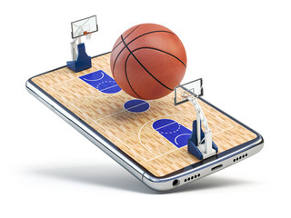 Basketball ball on a basketball court on mobile phone or smartphone. Video game, betting online and watching match online concept.