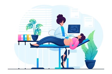 Gynecologist woman will make an examination of a pregnant woman on an ultrasound machine. Concept for web design