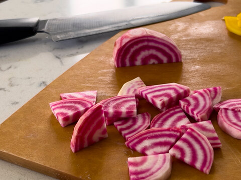 Variegated, Multicolor Beets, Chopped With Knife