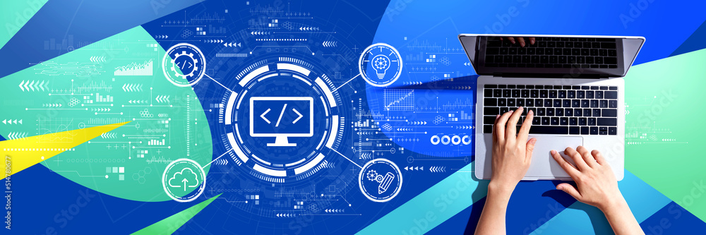 Poster web development concept with person using a laptop computer